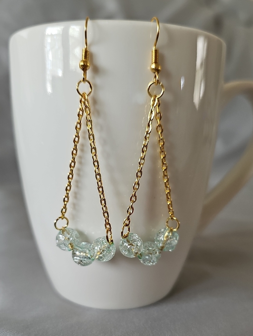 Gold Chain Drop Earrings with Pale Blue Beads